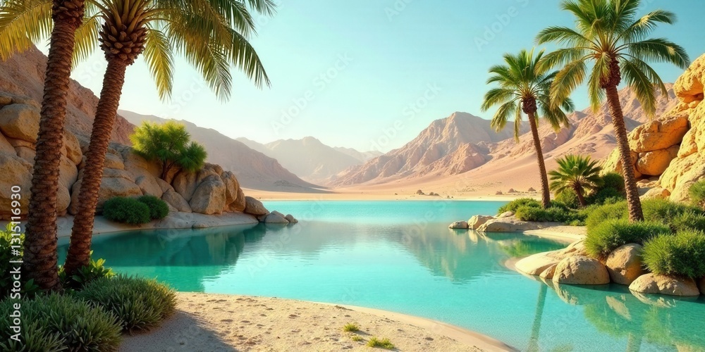 Fototapeta premium Serene Oasis Palm Trees Frame Turquoise Waters and Golden Sands Against a Dramatic Mountain Range