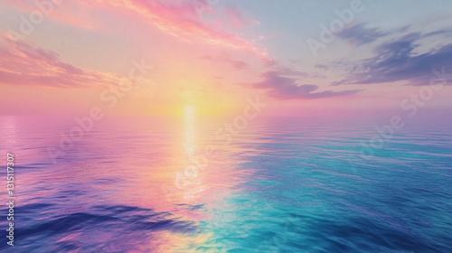 Pastel Sunset Ocean Horizon Serene Seascape with Pink Clouds and Golden Reflection.