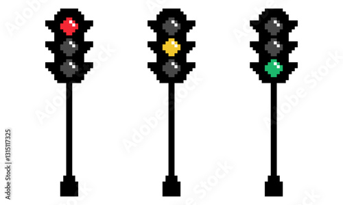 Red, yellow and green traffic lights. Traffic lights pixel art. 8 bit traffic lights icon.