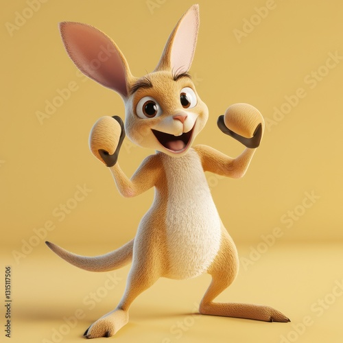 Playful kangaroo throwing mock punches, joyful stance, confident full-body depiction, set on a clean white background.