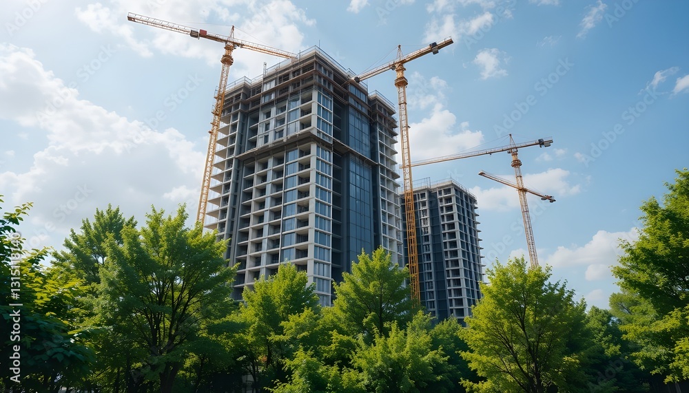 Construction site with tall building under construction. Yellow cranes working on building. Rich green trees, bushes visible in foreground. Sunny day with partly cloudy sky. Sustainable construction Construction site with tall building under construction. Yellow cranes working on building. Rich green trees, bushes visible in foreground. Sunny day with partly cloudy sky. Sustainable construction