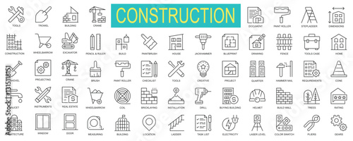 Construction and Building Line Icons Set – Engineering, Architecture, and Tools