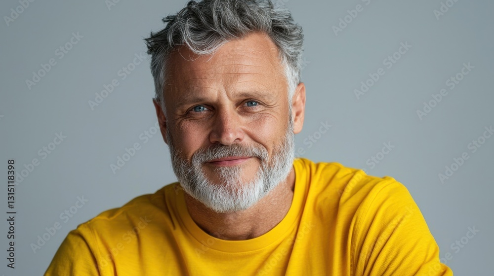 Obraz premium A man with a beard and gray hair is wearing a yellow shirt and smiling