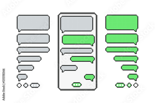 Pixel message bubbles template for creating dialogues. Pixel art text template bubbles. Pixel mockup web messenger interface.