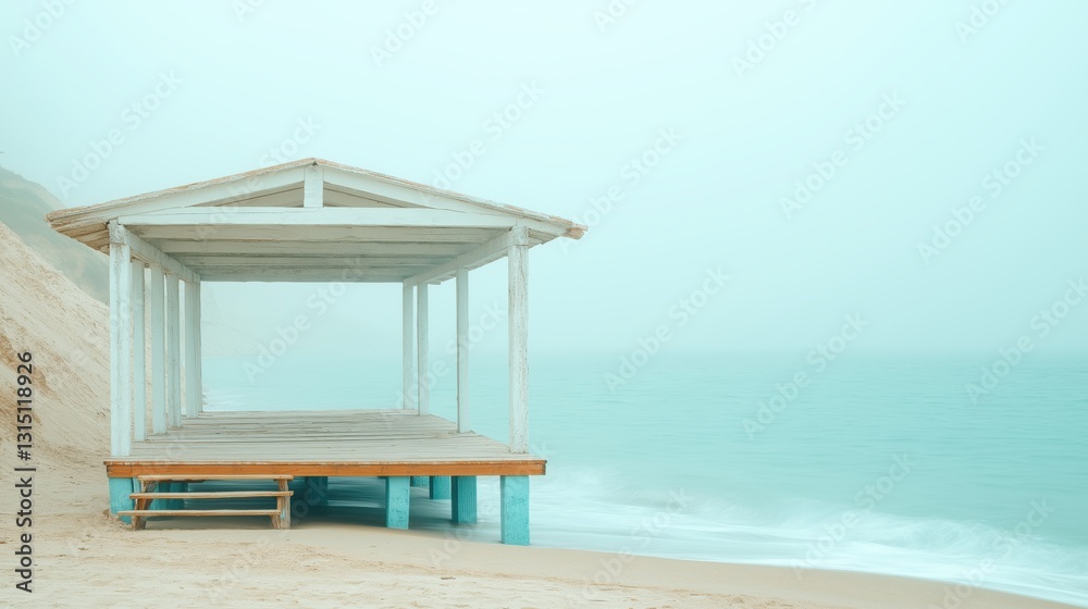 Fototapeta premium Serene coastal retreat misty beach pavilion surrounded by tranquil waters and soft sandy dunes