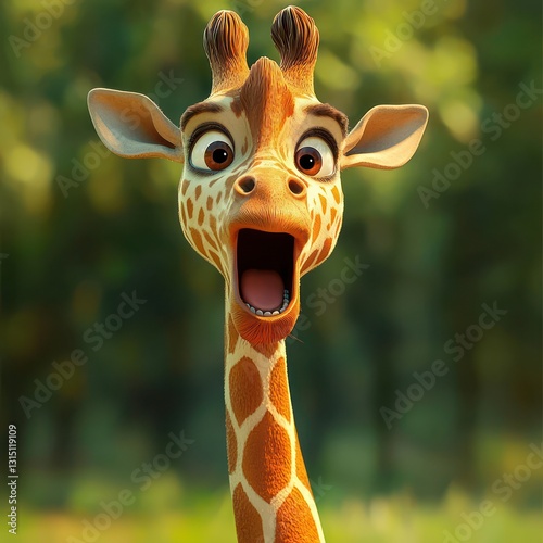 Bright giraffe with a long stretch, cheerful face, full-body pose showcasing its charm on a clean white backdrop.