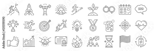 Motivation line icon set. Vector pictograms of personal growth, goal setting, goal setting, success, achievement, rocket launching, teamwork, passion, thumbs up thin linear illustration.