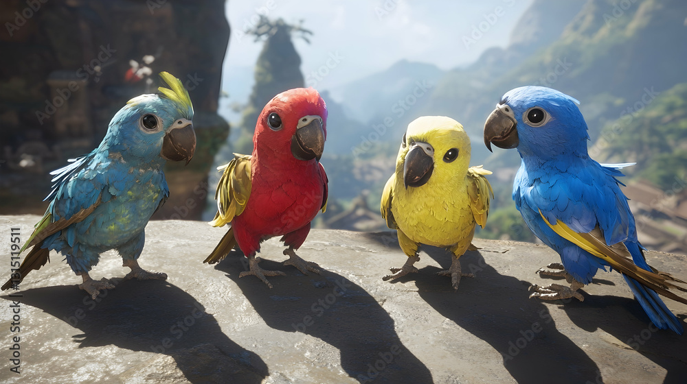 Obraz premium Colorful parrots perched on a rock, overlooking a mountain village; perfect for children's books, websites, or educational materials