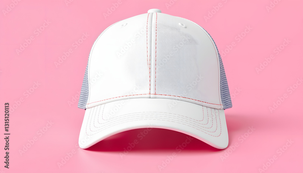 Fototapeta premium White baseball cap mockup blank trucker hat isolated on pink background front view, retro style. with white shades