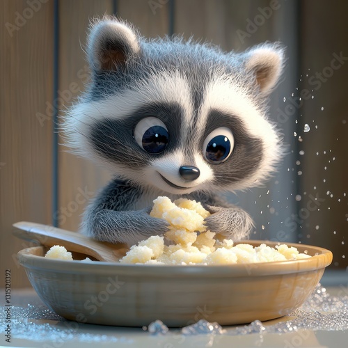 Lively raccoon washing food carefully, curious stance, glowing full-body depiction showcasing energy on a white background.