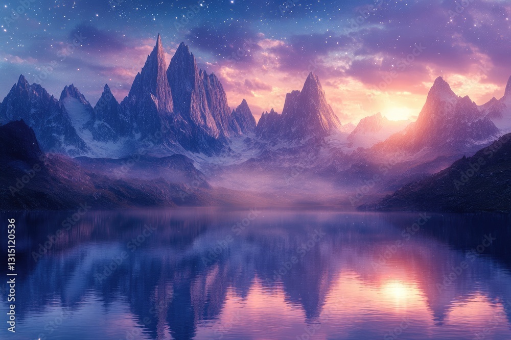 Obraz premium Majestic mountains reflecting in a serene lake at sunset, under a starry sky.