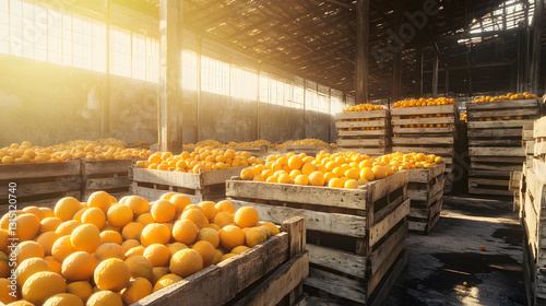 Aged wooden crates full of ripe oranges stacked in an old warehouse under sunlight.