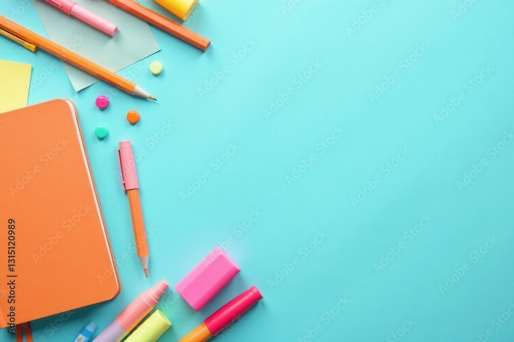 Fototapeta premium A vibrant collection of colorful stationery items arranged on a light blue background, perfect for back to school or educational themes.