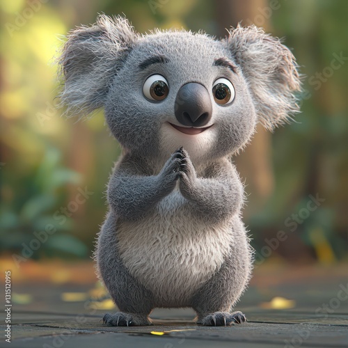 Cheerful koala clapping enthusiastically, lively pose, adorable full-body depiction radiating fun on a white background.