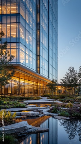 Wallpaper Mural Sleek glass towers rise majestically against the dusky sky. Illuminated interiors offer a warm glow that contrasts with the cool evening, while a tranquil pond reflects the stunning structures Torontodigital.ca