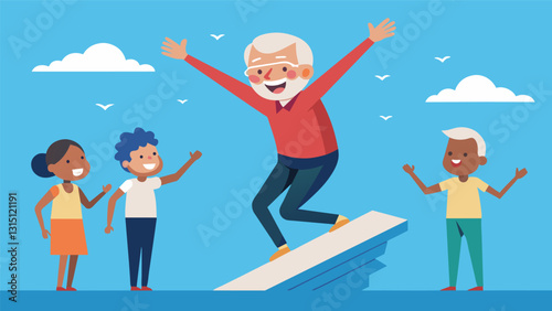 A smiling senior confidently jumping off the diving board for the first time cheered on by their classmates.. Vector illustration