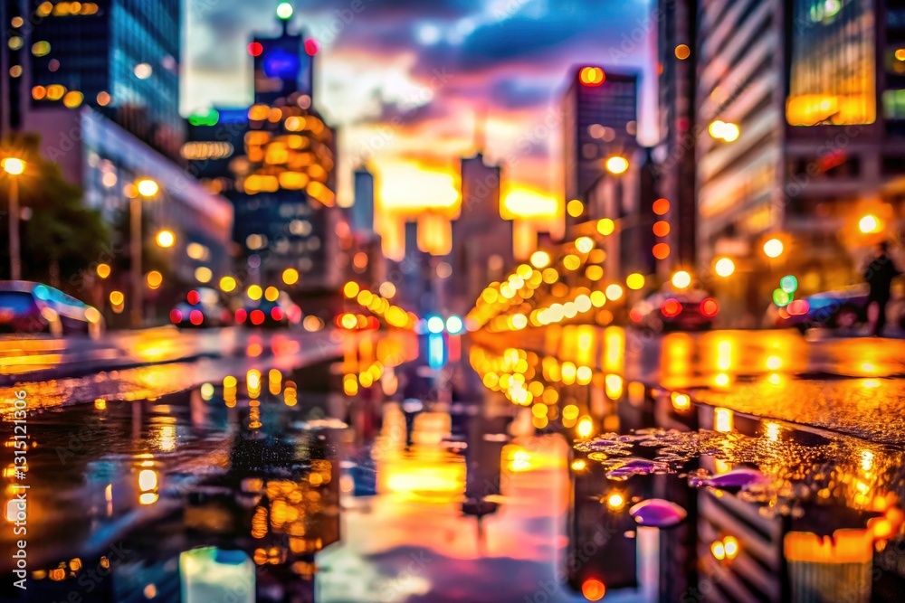 Obraz premium Blurred City Skyline Dusk Photography, Urban Exploration, City Lights Reflections, Night Cityscape
