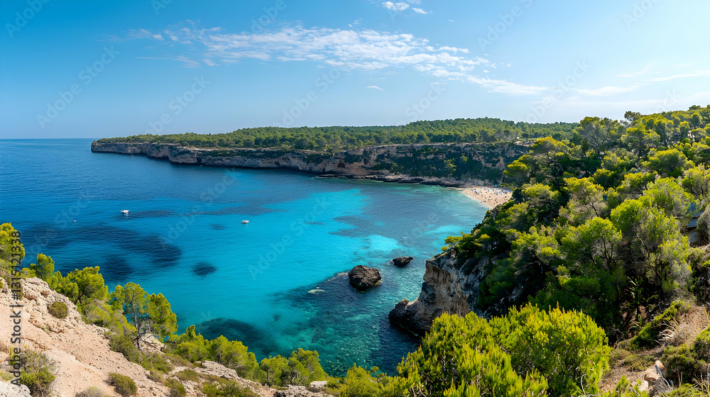 Panoramic View Of Turquoise Mediterranean Sea With Lush Green Vegetation On Rocky Coastline In Mallorca Spain Panoramic View Of Turquoise Mediterranean Sea With Lush Green Vegetation On Rocky Coastline In Mallorca Spain