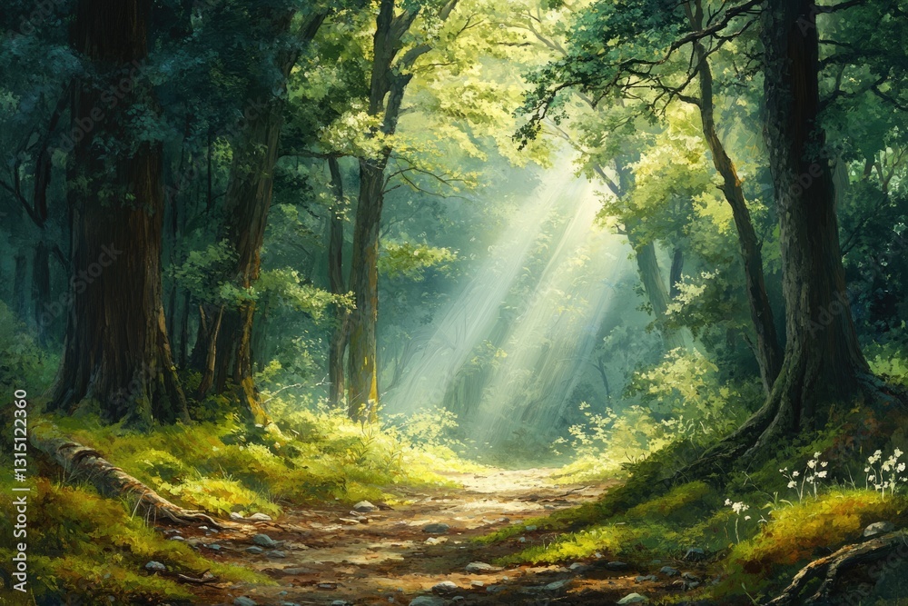 Obraz premium Sunbeams pierce a tranquil forest path, illuminating lush greenery and ancient trees.