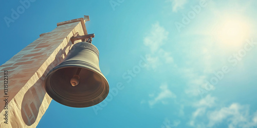 Historic bronze bell tower against bright blue sky with sunlight