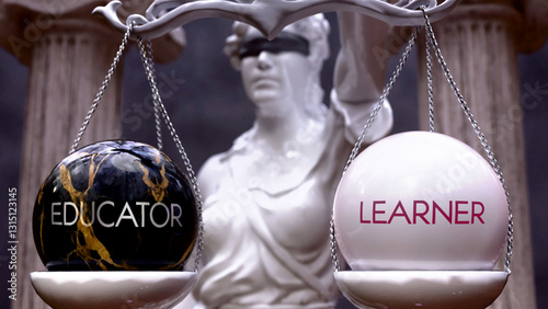 Educator or Learner as a choice, two options to choose from. Greek statue presenting two alternatives: educator or learner, weighing their values. Looking at pros and cons. ,3d illustration
