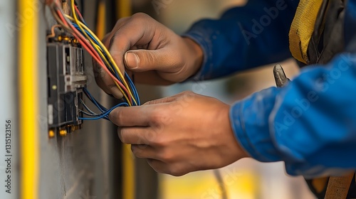 An electrician is skillfully connecting various wires inside a control panel at a bustling construction site under bright daylight