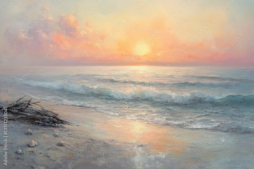 Obraz premium Serene sunset over gentle ocean waves, shells scattered on the beach.