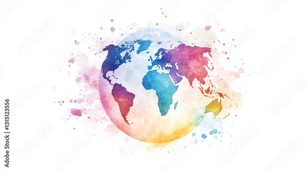 This vibrant watercolor illustration features a globe with colorful splashes, symbolizing global unity and diversity. Perfect for art and travel themes. This vibrant watercolor illustration features a globe with colorful splashes, symbolizing global unity and diversity. Perfect for art and travel themes.