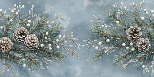 Frosted pine cones and white berries on snowy blue background