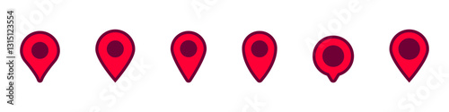 A series of red map pins showing different design stages. each pin has a distinct style variation.