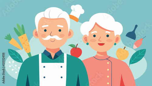 An elderly couple known for their successful restaurant in their younger years now share their signature dishes on their own cooking show inspiring viewers to chase their dreams at. Vector