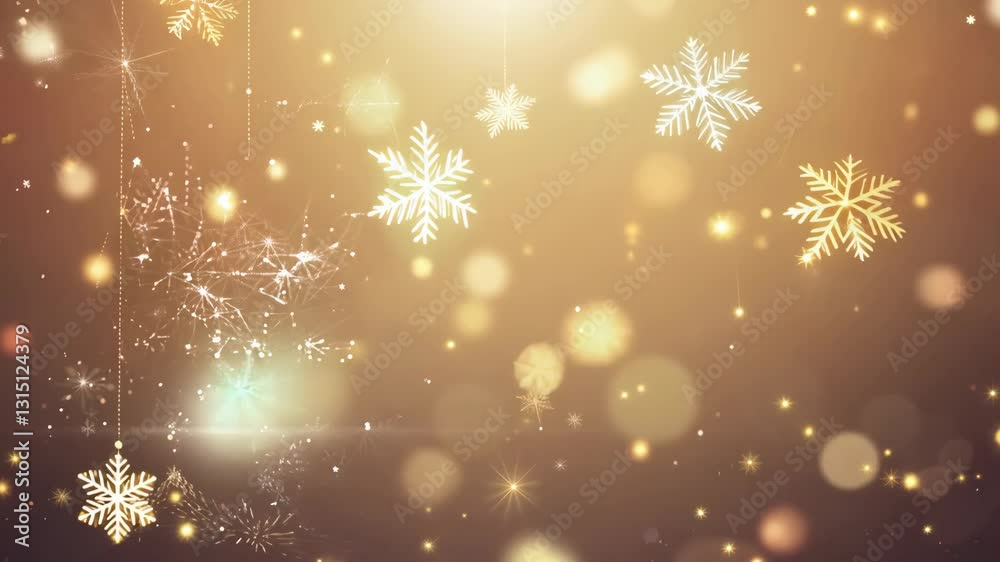A festive background featuring delicate golden snowflakes falling over warm glowing bokeh lights, perfect for holiday themes. . High quality 4k footage A festive background featuring delicate golden snowflakes falling over warm glowing bokeh lights, perfect for holiday themes. . High quality 4k footage