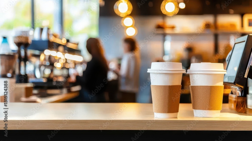 A cozy cafe setting featuring two coffee cups on a wooden counter, with blurred patrons in the background and warm lighting creating an inviting atmosphere. A cozy cafe setting featuring two coffee cups on a wooden counter, with blurred patrons in the background and warm lighting creating an inviting atmosphere.