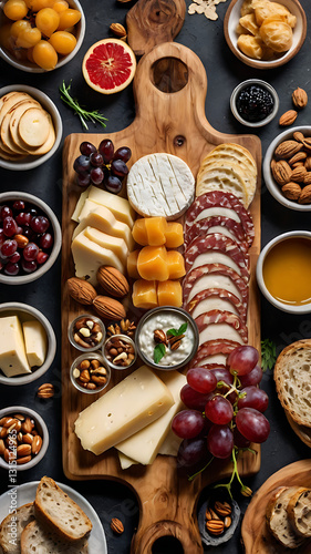 An overhead shot of a beautifully arranged charcuterie board with cheeses, fruits, nuts, and artisan bread.
