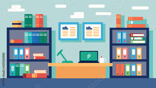 The classroom walls are lined with shelves of coding books and references giving students additional resources to supplement their learning.. Vector illustration
