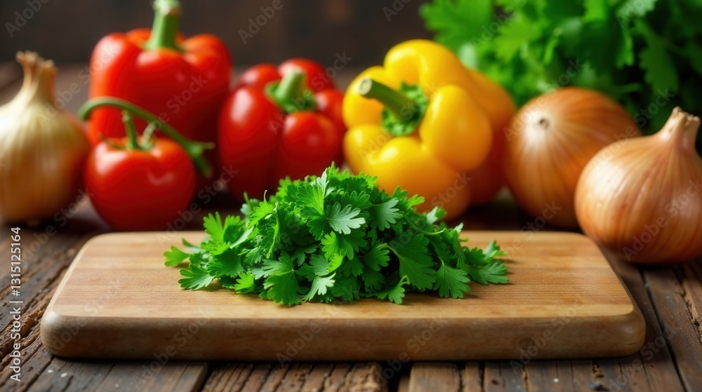 A Fresh Bunch of Parsley on a Wooden Cutting Board with Colorful Vegetables in the Background A Fresh Bunch of Parsley on a Wooden Cutting Board with Colorful Vegetables in the Background