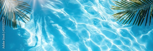 A blue pool with palm trees in the background