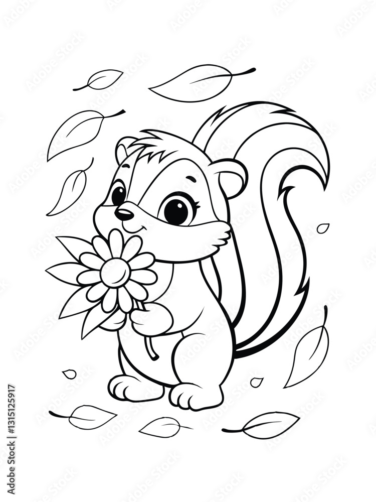Fototapeta premium A cute cartoon skunk holds a daisy amidst falling autumn leaves. Its a black and white line drawing, perfect for coloring
