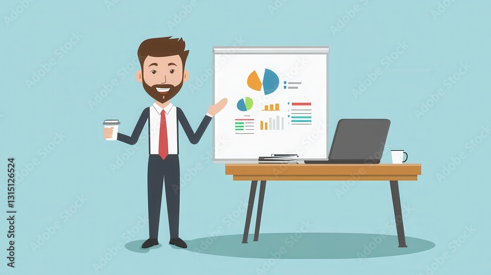 A businessman presenting a report on a whiteboard with a laptop and a coffee cup on the desk A businessman presenting a report on a whiteboard with a laptop and a coffee cup on the desk