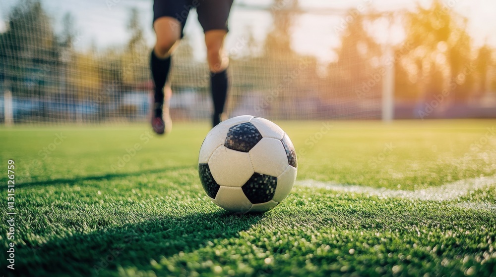 A soccer player in motion approaches a ball on a vibrant green field during sunset A soccer player in motion approaches a ball on a vibrant green field during sunset