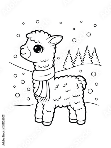 A cute cartoon alpaca wearing a scarf stands in a snowy landscape with fir trees. Its a simple line drawing, perfect for coloring