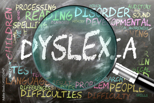 Dyslexia being studying and under close inspection. Most important subjects and ideas closely related to dyslexia written on a blackboard inspected by a magnifying glass. ,3d illustration