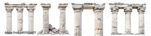 Set of ancient stone columns in classical architecture, isolated on transparent cutout background