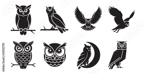 Set of owl with different pose vector silhouette
 Owl silhouettes, Barn owl silhouette, Owl silhouettes vector illustration, Owl clipart. 