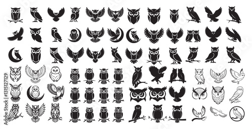 Set of owl with different pose vector silhouette
 Owl silhouettes, Barn owl silhouette, Owl silhouettes vector illustration, Owl clipart. 