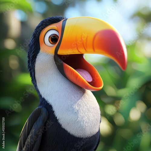 Joyful toucan spreading its wings slightly, cheerful gaze, full-body depiction showcasing charm on a clean white backdrop.