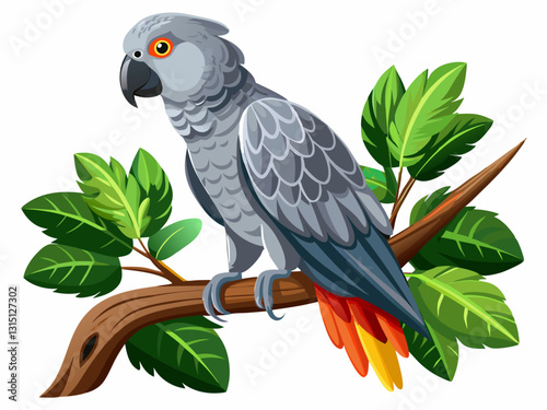 vector of  African gray parrot on the branch isolated over white