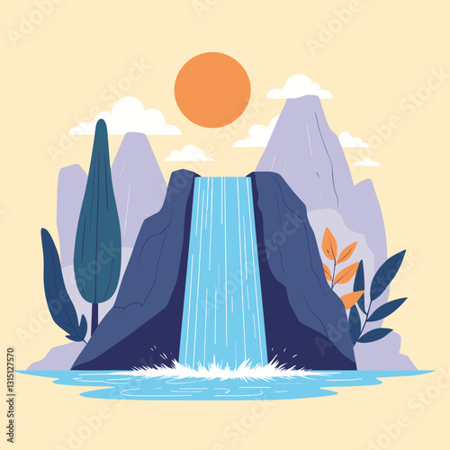 Waterfall at sunrise, symbol of nature and life balance