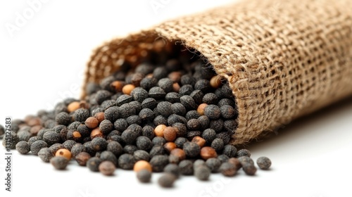 Black & Brown Lentils Spill from Burlap Sack