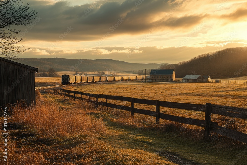 A freight train passes through a serene countryside landscape at sunset, with farmhouses and golden fields. A freight train passes through a serene countryside landscape at sunset, with farmhouses and golden fields.